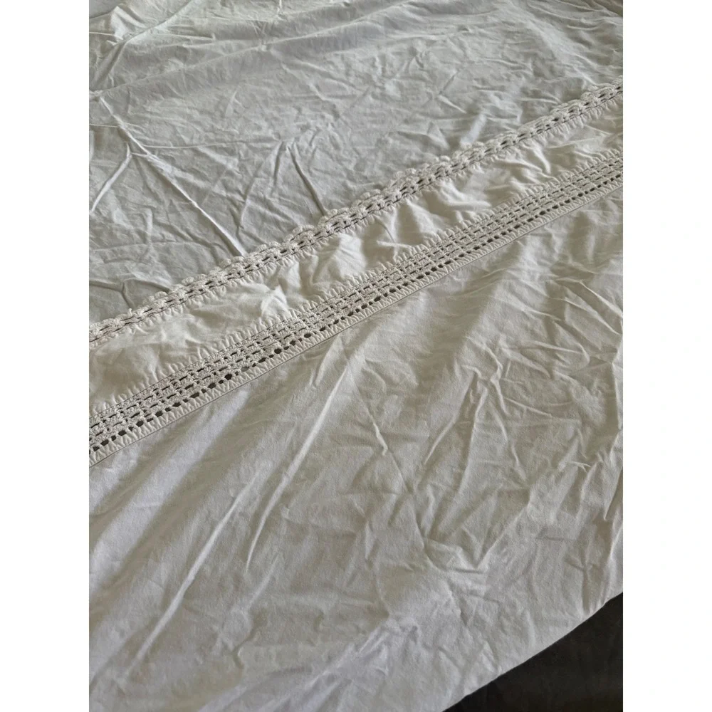 Pine Cone Hill White 100% Cotton Flat Sheet Crochet Lace Trim Fine Linens King